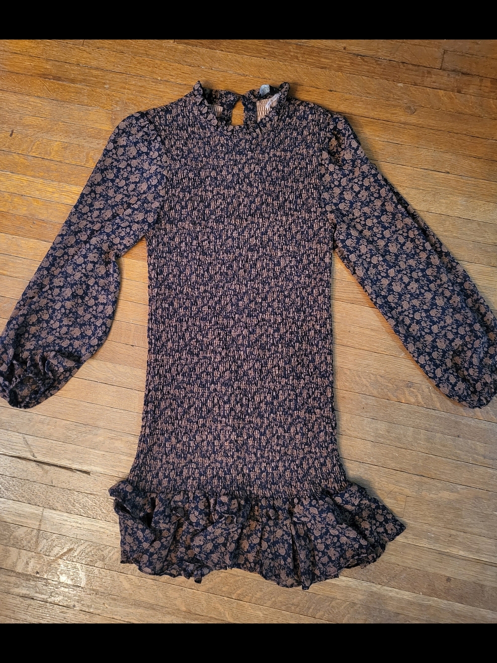 Dress Forum Navy and Tan Floral Smocked Ruffle Dress